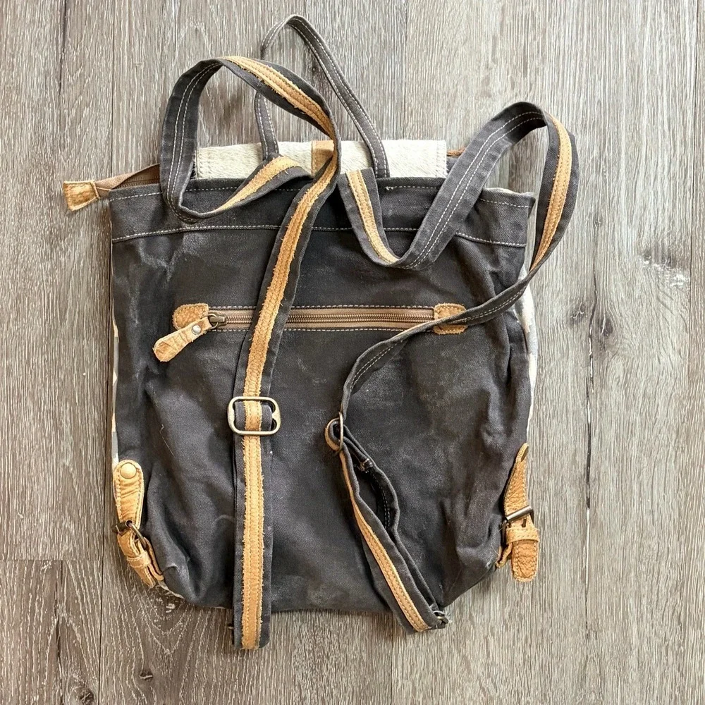 Myra Bag Artist's Impression Upcycled Canvas & Leather Backpack Purse S-1333 Bag